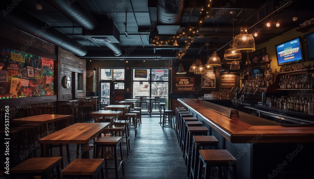 Luxury bar inside modern building, illuminated at night generated by AI