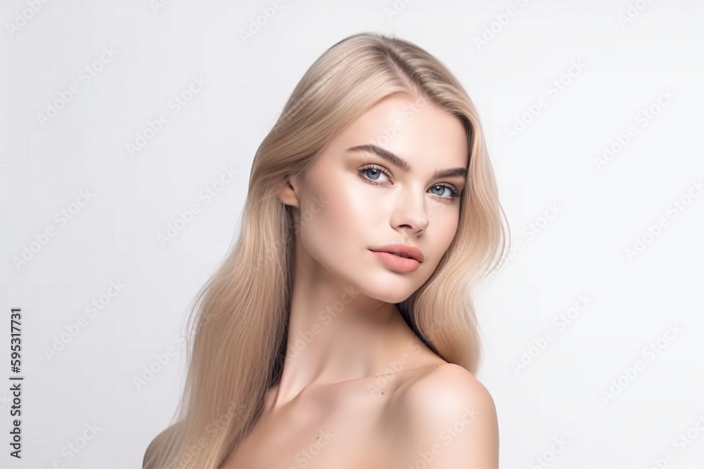 Naklejka premium Beauty Woman Face Portrait. Beautiful spa model Girl with perfect fresh clean skin. blonde woman looking at the camera. Young people and skin care concept.Generative AI