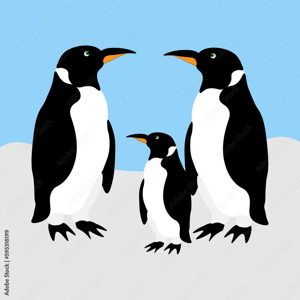 Obraz premium 3 penguins on gray snow and blue sky illustration