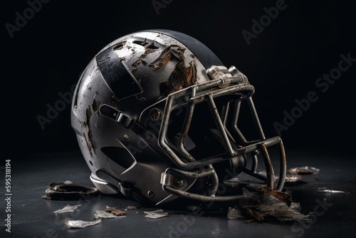 Damaged football helmet on ground with black and gray background stripes. Generative AI