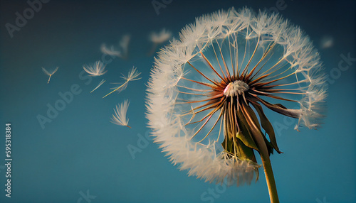 Beautiful Dandelion With Seeds Blowing Away Blue Sky on background Ai generated image