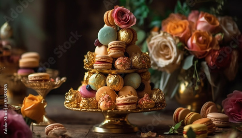 Gourmet chocolate macaroon decoration on ornate plate generated by AI