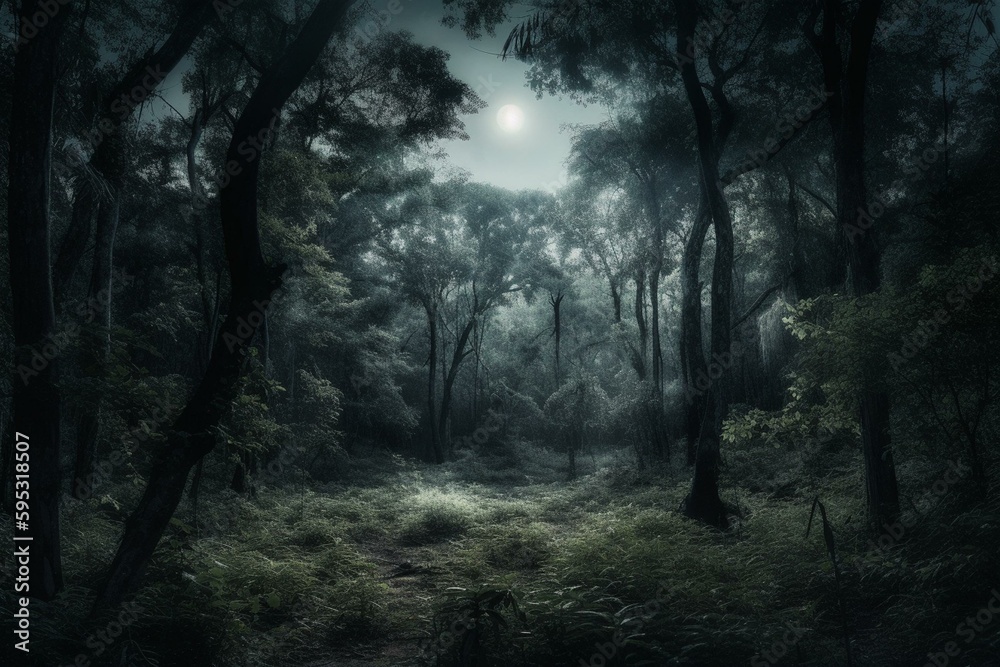Digital art of a forest illuminated by moonlight, featuring tall trees. Generative AI