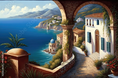 Mediterranean dream, beautiful landscape with the blue sea, illustration AI