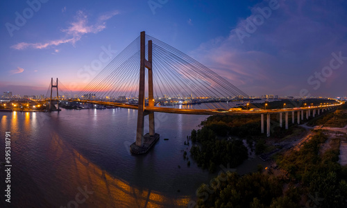 Sunset on Phu My bridge, Saigon river, Ho Chi Minh city, Vietnam