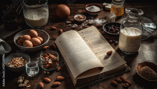 Homemade almond butter on rustic wooden table generated by AI