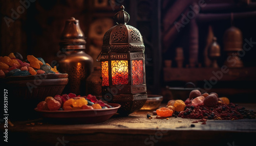 Ramadan celebration Sweet treats, lantern light, ancient tradition generated by AI