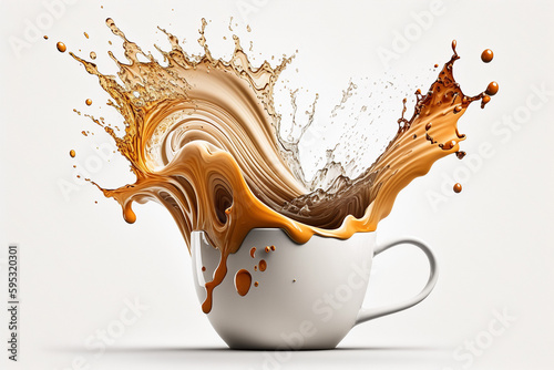 Cup of coffee with splashes on white background Generative AI