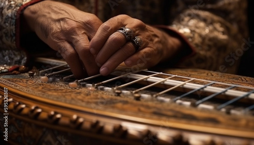 A senior guitarist hand holds a metal string generated by AI