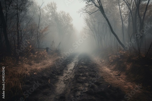 Illustration of a burned forest road engulfed in smoke and fog on a gloomy Saturday with eerie spirits lurking about. Generative AI