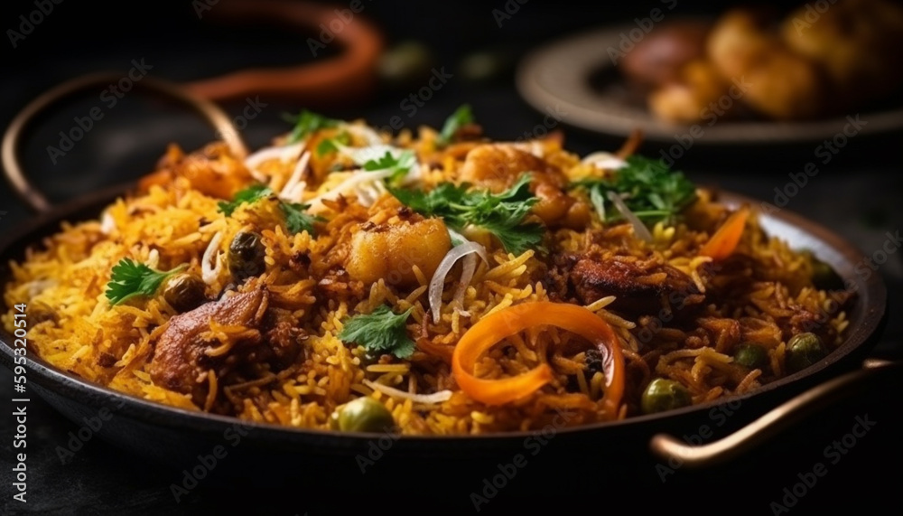 Healthy saffron rice with fresh seafood paella generated by AI