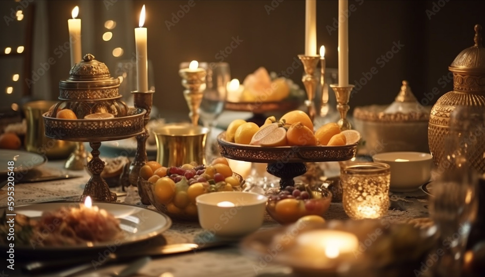 Candlelit table adorned with decor, fruit, drink generated by AI