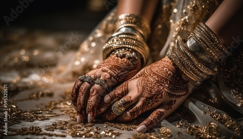 Elegant bride with gold jewelry and henna tattoo generated by AI