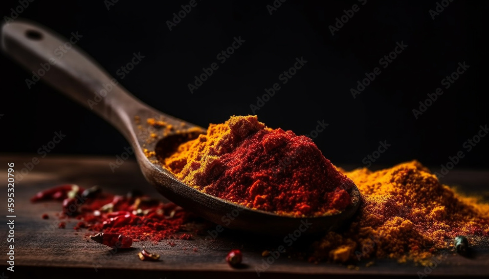 Aromatic spices in wooden spoon for cooking generated by AI