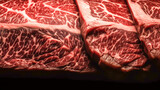 Japanese Wagyu A5 beef with high-marbled Background texture. Kobe wagyu beef premium product. Premium Rare Slices Wagyu A5 beef served fresh. Generative AI, illustration