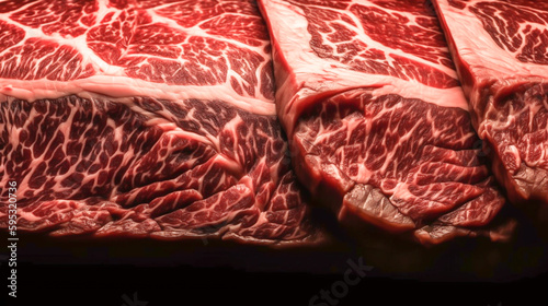 Japanese Wagyu A5 beef with high-marbled Background texture. Kobe wagyu beef premium product. Premium Rare Slices Wagyu A5 beef served fresh. Generative AI, illustration