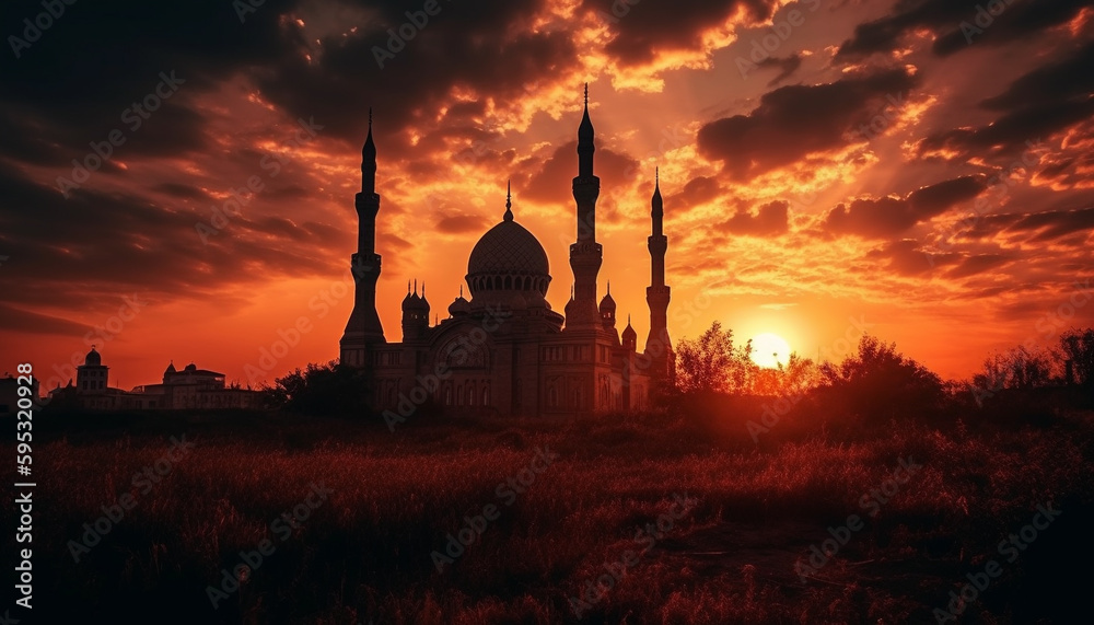Back lit minaret, symbol of Turkish spirituality at dusk generated by AI