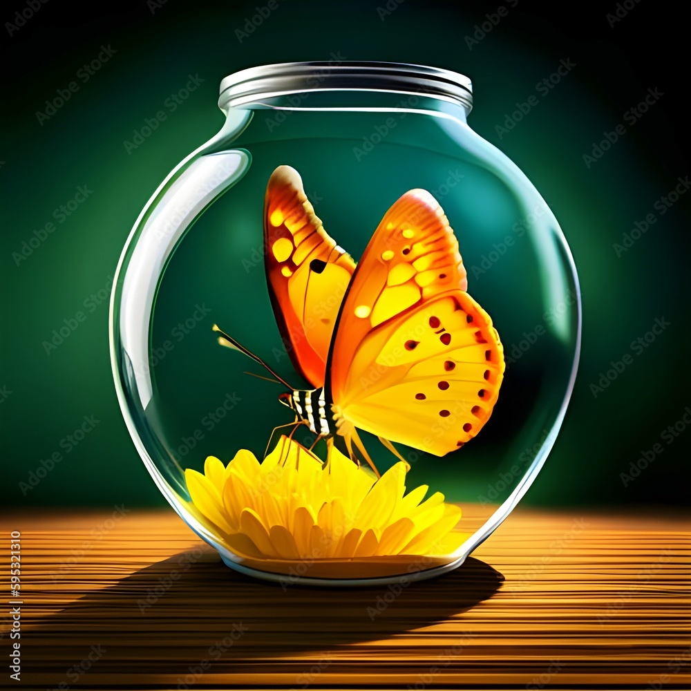 A generative AI image featuring a glowing yellow butterfly in a jar