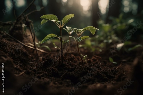 Plant growing in soil. Generative AI