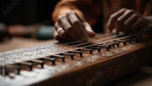 Man playing guitar, plucking strings with fingers generated by AI