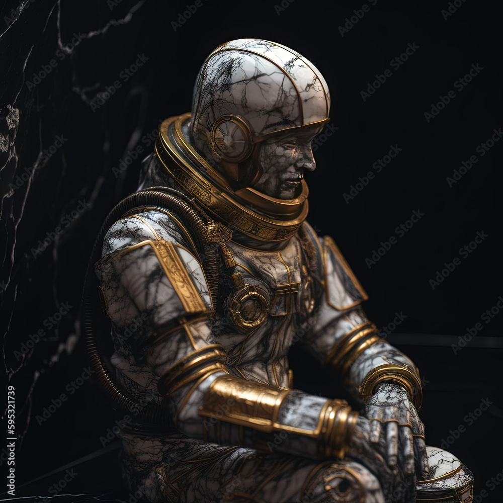 Fototapeta premium Une sculpture en marbre, statue d'une personne stoïcienne grecque ou romaine, représentant le stoïcisme. Avec des lignes dorées et noires, kintsugi, fond blanc