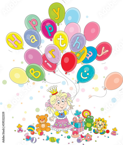 Birthday card with a funny little princess holding colorful balloons among holiday gifts, toys and sweets, vector cartoon illustration on a white background