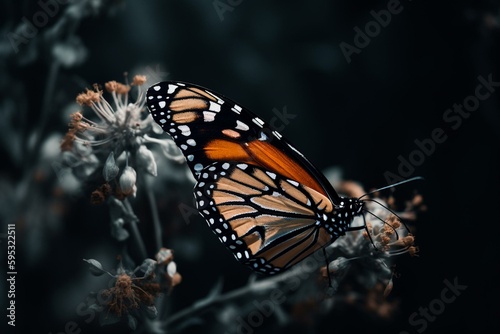 A butterfly of Monarch species perched on a blooming flora. Generative AI