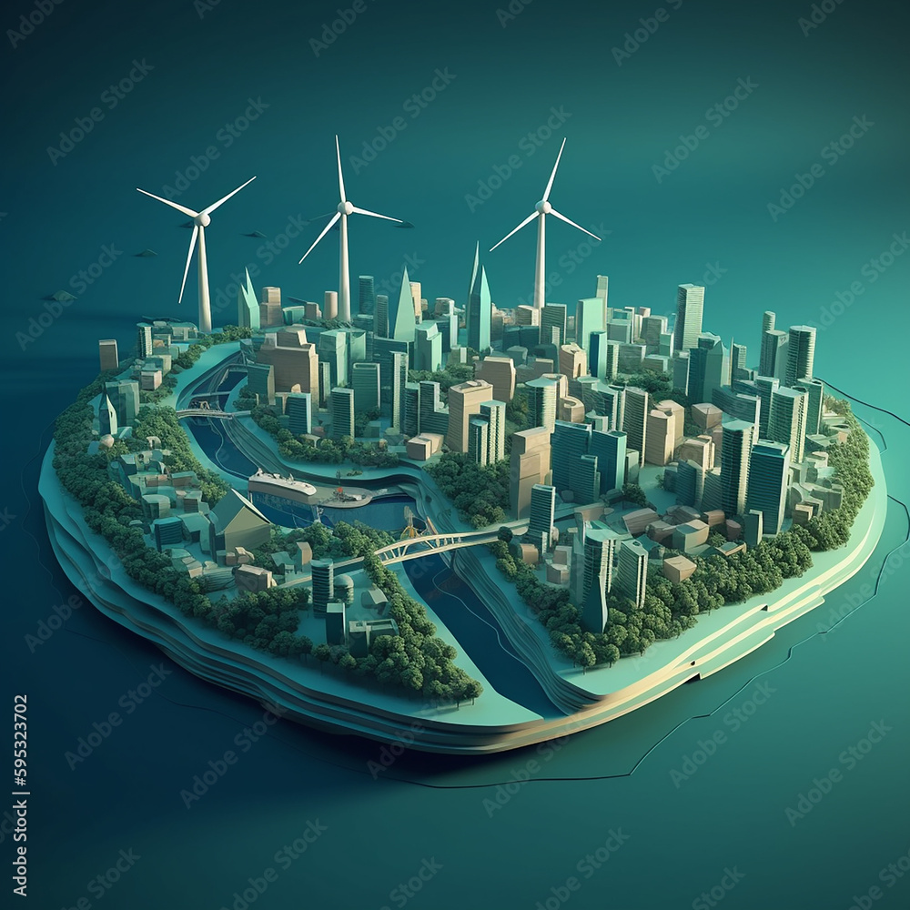 Fototapeta premium City powered entirely by renewable energy sources, such as wind and solar power, papercut style. 