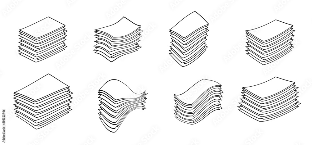Writing paper. Cartoon empty A4 or A3 copy paper, stacked paper. Flat paper stack. Document, paperwork. Stationery stacked papers icon. Pile papers, file, web icon. Printouts, hardcopy documents. - obrazy, fototapety, plakaty 