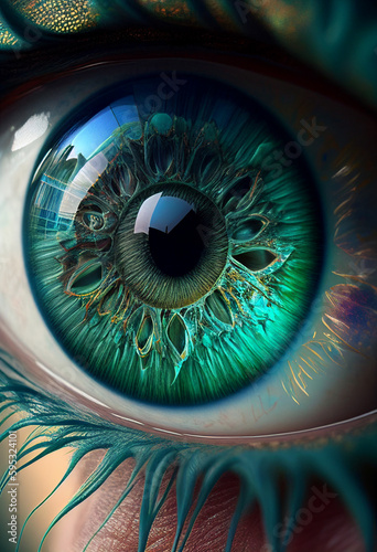 Close-up of a human eye, a metropolis is reflected in the pupil. AI genarated