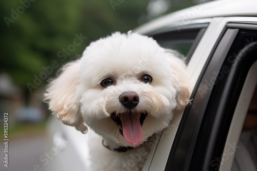 Happy Bichon Frise dog with his tongue hanging out leans out of a white car window. Travel with pets. Generative AI.
