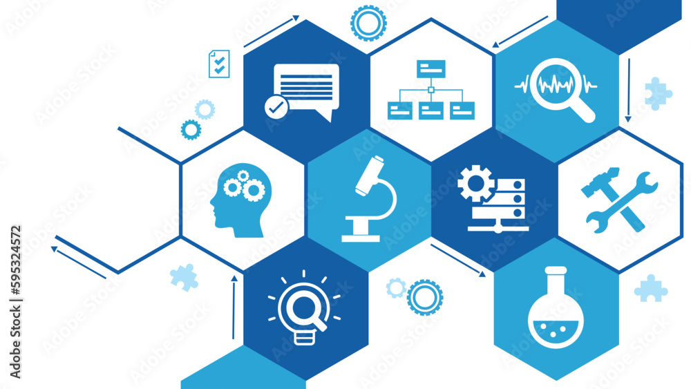Research development vector illustration. Concept with connected icons related to project management, product design or engineering, business development Research development vector illustration. Concept with connected icons related to project management, product design or engineering, business development