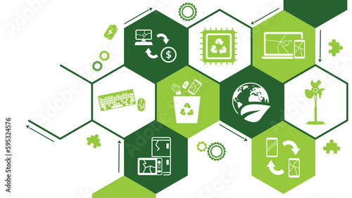 Electronic waste recycling vector illustration. Concept with connected icons related to e-waste, responsible disposal of old electronics, phones and equipment photo