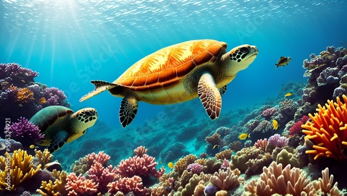 A joyful sea turtle swimming in crystal clear waters, surrounded by vibrant coral reefs