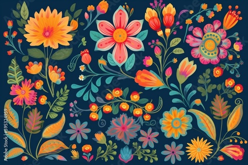 florals vector in mexico ethnic or folk ornaments  embroidery pattern or textile design. generative AI