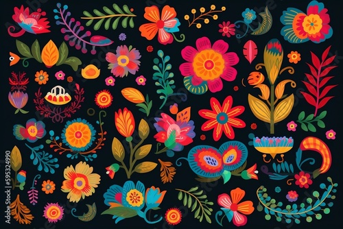 florals vector in mexico ethnic or folk ornaments, embroidery pattern or textile design. generative AI