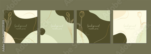 Abstract set of square templates with tulip flowers, leaves and organic shapes. Good for social media posts, mobile apps, banner designs and online promotions. Floral background set.