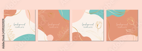 Abstract set of square templates with tulip flowers, leaves and organic shapes. Good for social media posts, mobile apps, banner designs and online promotions. Floral background set.