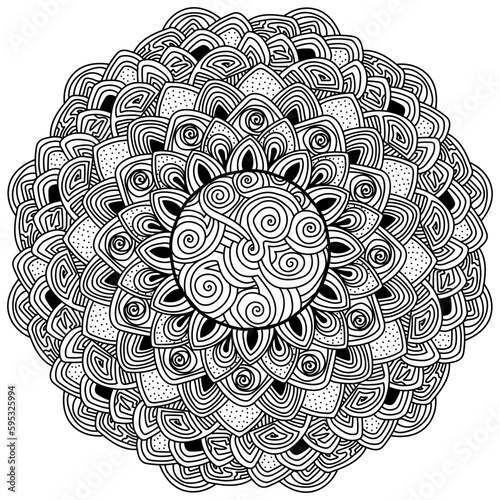 Zen outline mandala with spiral patterns and layered petals