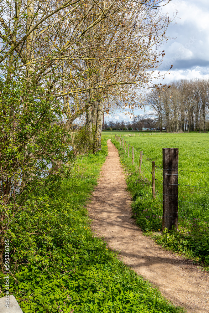 Narrow hiking trail along a stream and farmland with bare trees in background against sky covered with white clouds, green grass covering ground, sunny spring day in the Netherlands Narrow hiking trail along a stream and farmland with bare trees in background against sky covered with white clouds, green grass covering ground, sunny spring day in the Netherlands