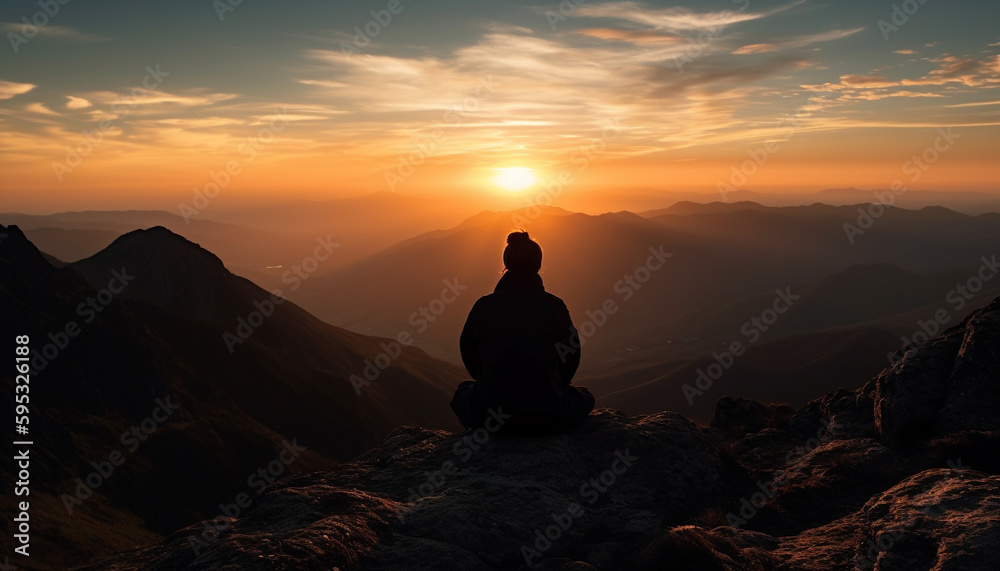 Silhouette of men hiking mountain peak at sunset generated by AI