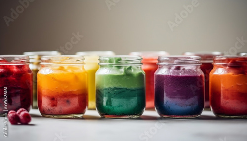 A row of healthy smoothie jars collection generated by AI