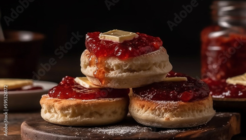 Freshly baked scone with cranberry preserves and butter generated by AI