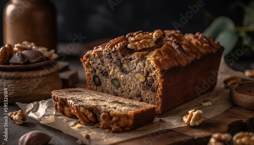 Freshly baked rustic bread with walnut and honey generated by AI
