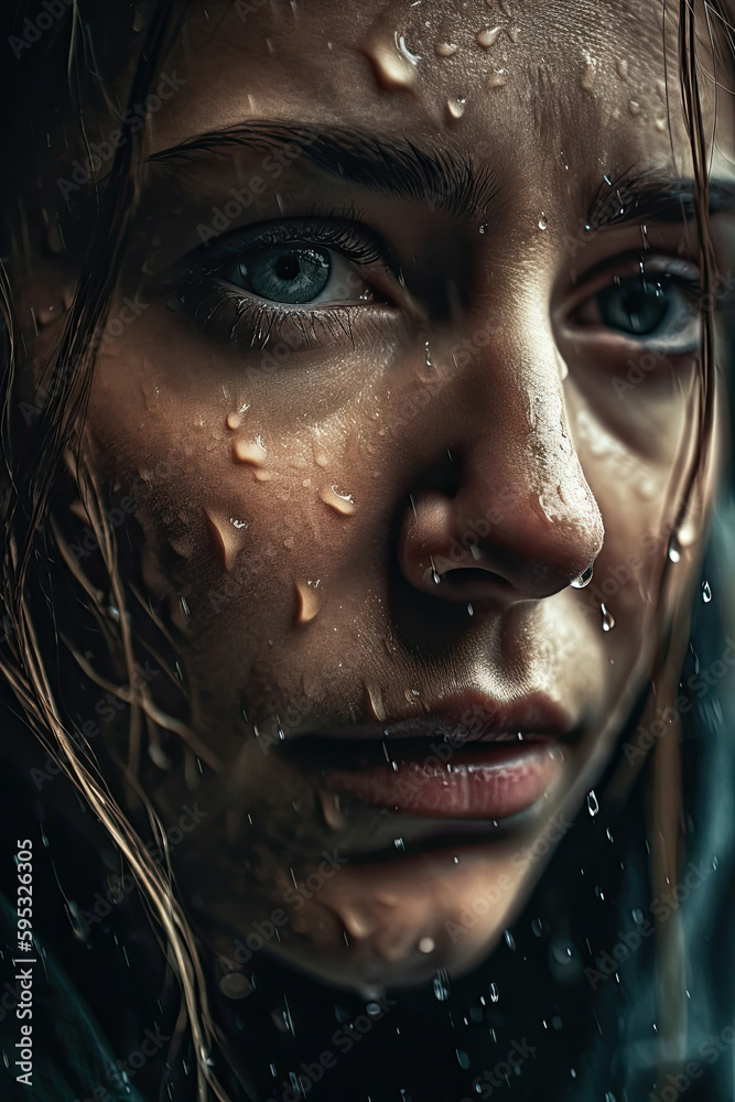Obraz premium Porträt einer jungen Frau im Regen. Nahaufnahme einer jungen Frau mit Wassertropfen im Gesicht. Tränen im Regen. Ki generiert