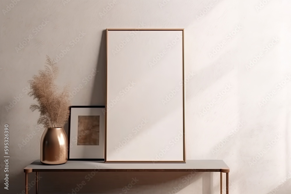 Thin vertical wooden picture frame sitting on a table, mockup for Art/poster placement created using generative AI tools - obrazy, fototapety, plakaty 