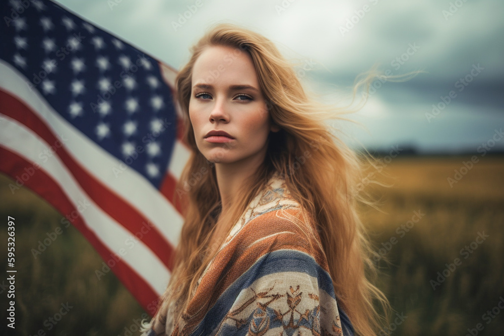 Portrait of a patriotic young woman in America's heartland. - obrazy, fototapety, plakaty 