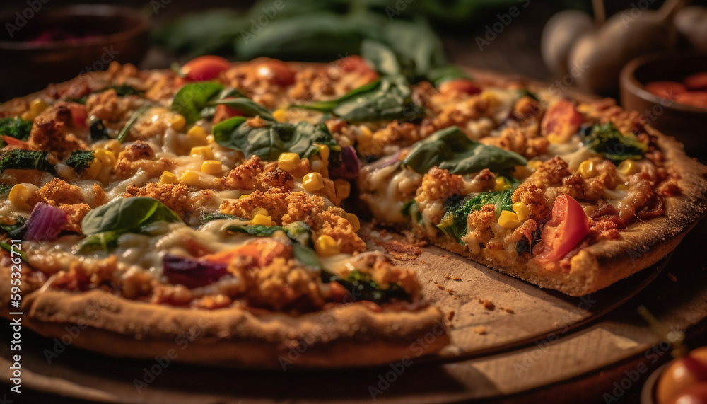 Freshly baked gourmet pizza on rustic wood table generated by AI