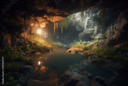 Illustration of a cave with vegetation and small lake. Generative AI