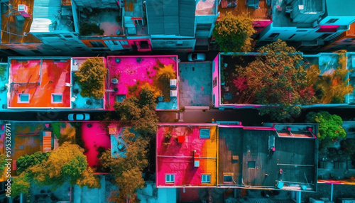 Vibrant city life illuminated by colorful lights generated by AI